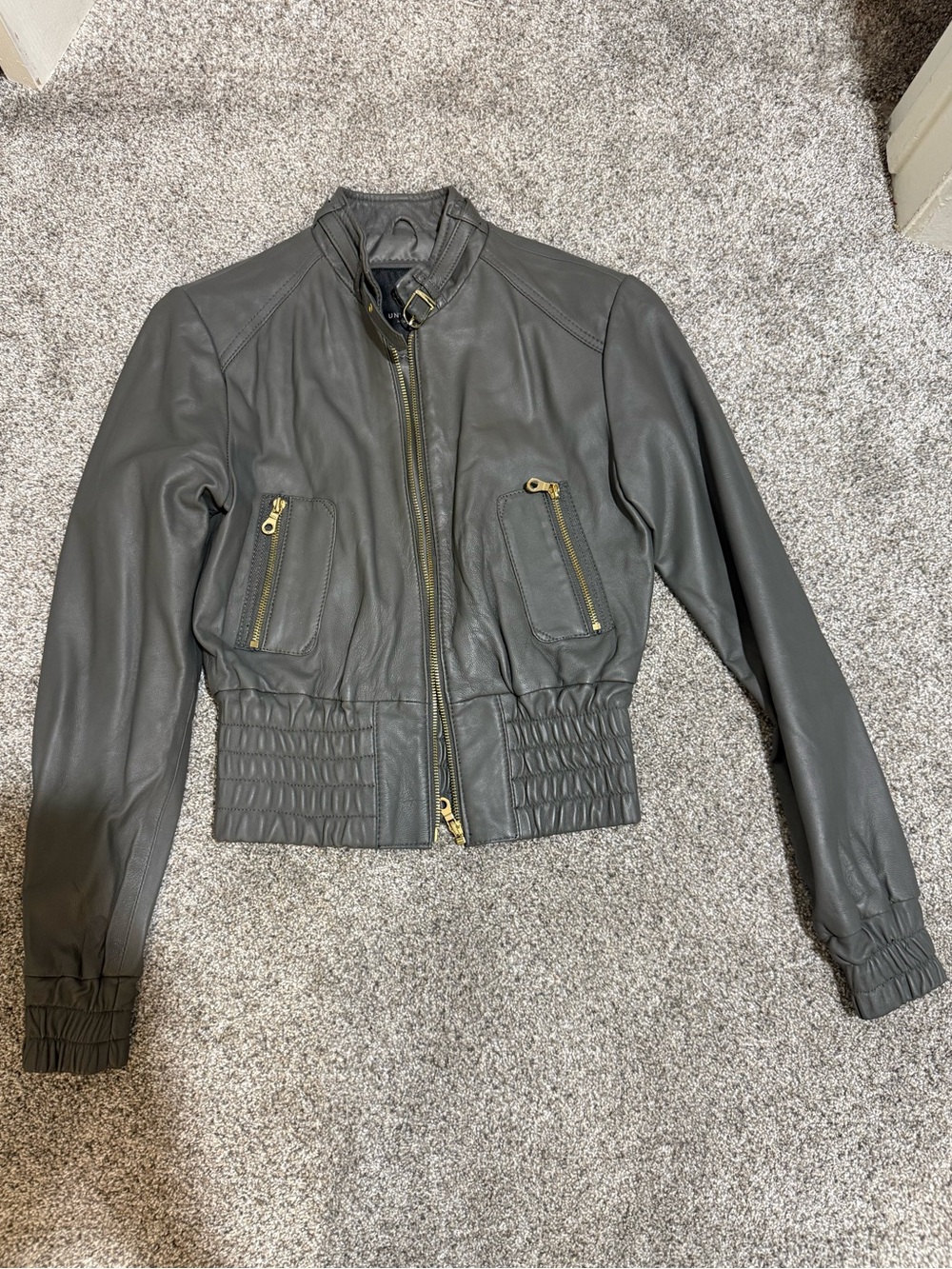 Grey Charcoal Leather Bomber Jacket with Gold Zippers